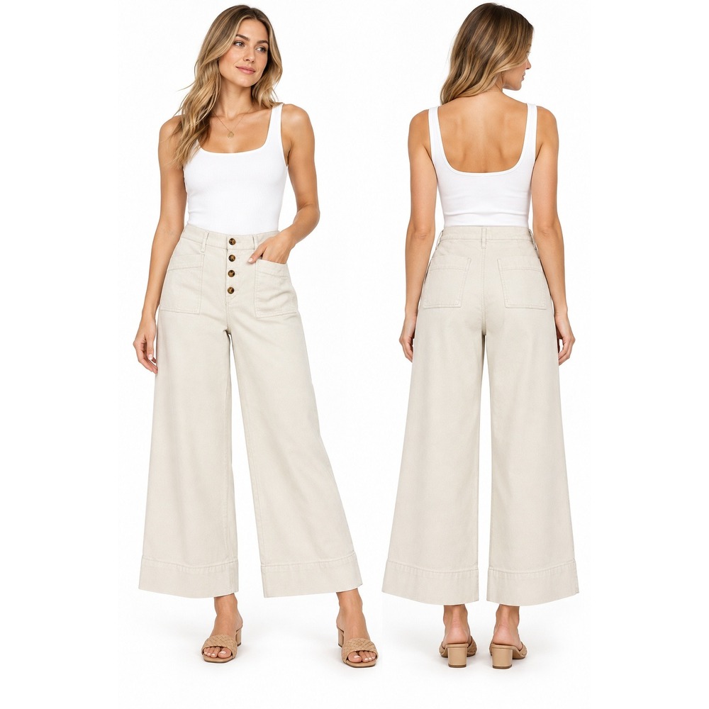 Evereve Joelle Linen Utility Pants Women's 29 Beige Wide Leg Crop Button Fly